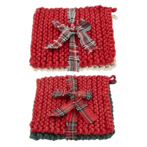 Mud Pie Christmas Crochet Pot Holder Set, White & Red, 8" x 8"