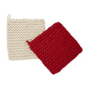 Mud Pie Christmas Crochet Pot Holder Set, White & Red, 8" x 8"