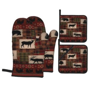 oven mitts and pot holders set retro rustic lodge bear deer moose heat resistant kitchen microwave gloves and hot pads potholders with cotton liner grip cooking mitts for baking cooking grilling bbq