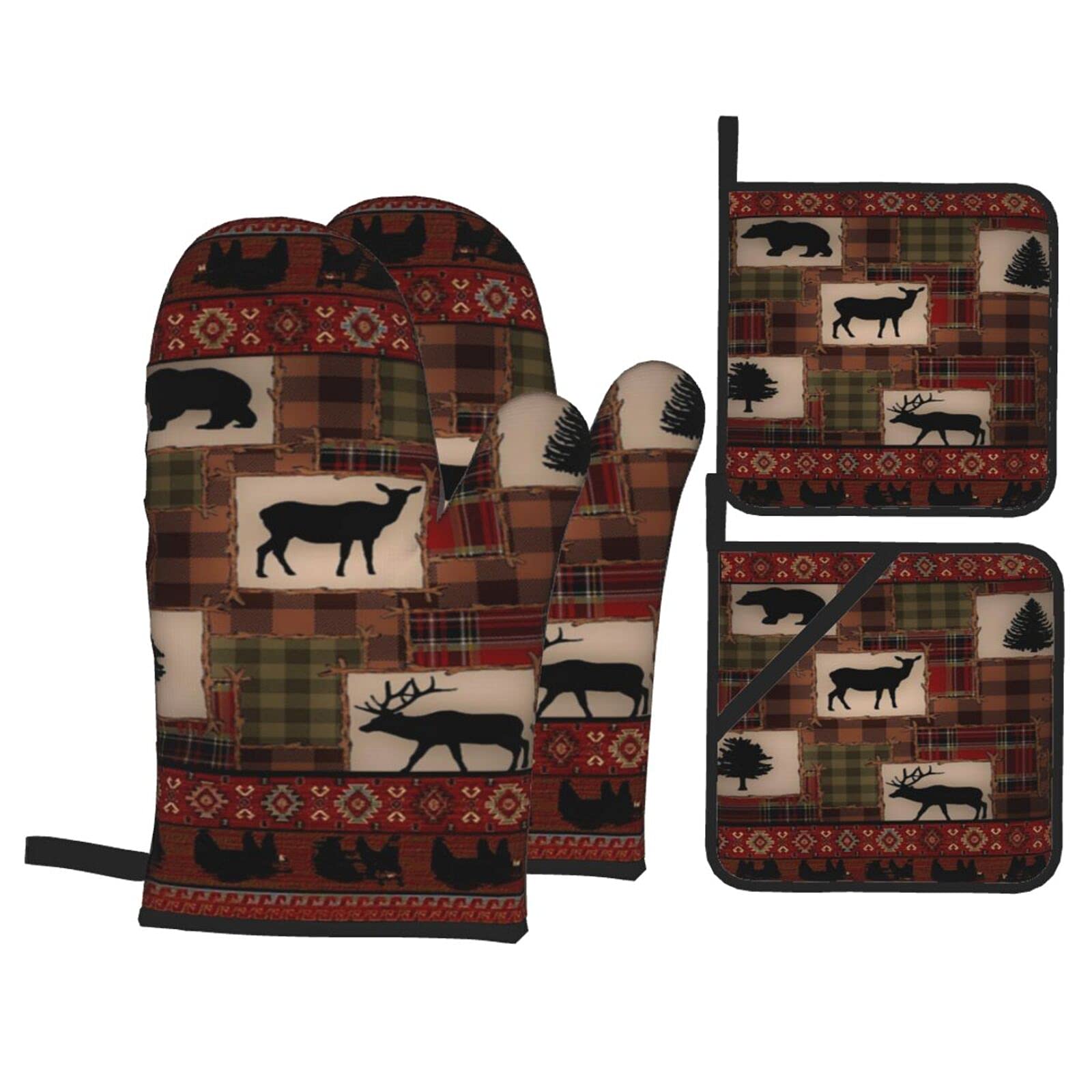 Oven Mitts and Pot Holders Set Retro Rustic Lodge Bear Deer Moose Heat Resistant Kitchen Microwave Gloves and Hot Pads Potholders with Cotton Liner Grip Cooking Mitts for Baking Cooking Grilling BBQ