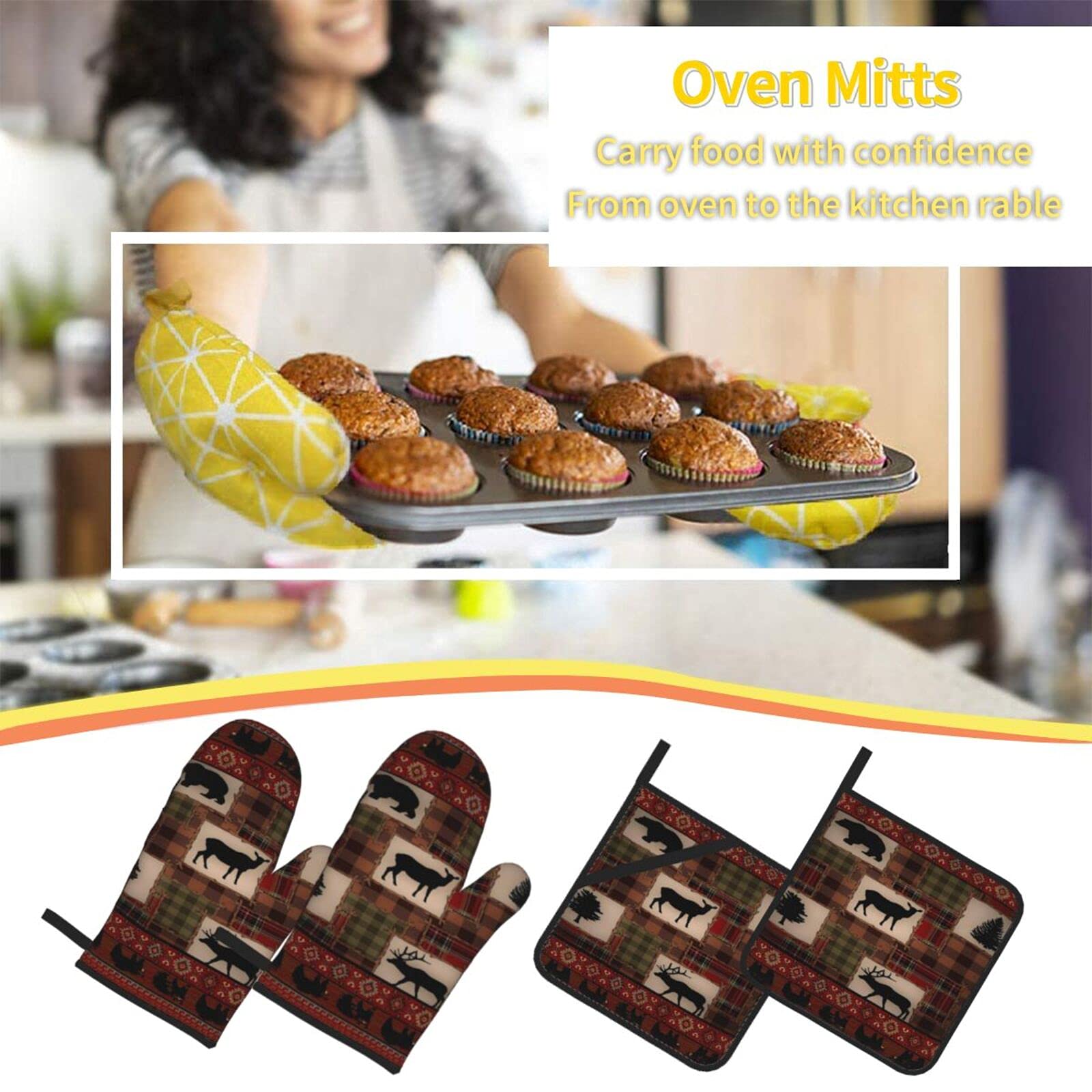 Oven Mitts and Pot Holders Set Retro Rustic Lodge Bear Deer Moose Heat Resistant Kitchen Microwave Gloves and Hot Pads Potholders with Cotton Liner Grip Cooking Mitts for Baking Cooking Grilling BBQ