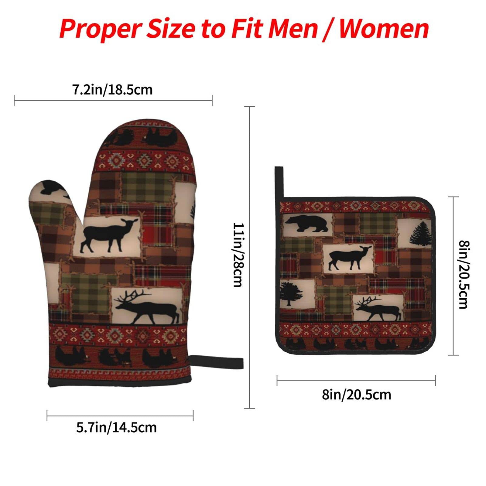 Oven Mitts and Pot Holders Set Retro Rustic Lodge Bear Deer Moose Heat Resistant Kitchen Microwave Gloves and Hot Pads Potholders with Cotton Liner Grip Cooking Mitts for Baking Cooking Grilling BBQ