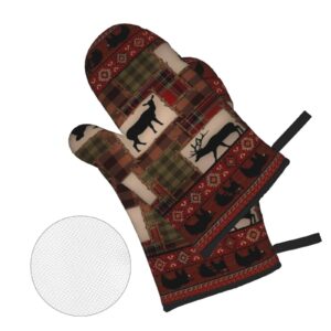 Oven Mitts and Pot Holders Set Retro Rustic Lodge Bear Deer Moose Heat Resistant Kitchen Microwave Gloves and Hot Pads Potholders with Cotton Liner Grip Cooking Mitts for Baking Cooking Grilling BBQ