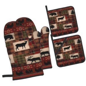 Oven Mitts and Pot Holders Set Retro Rustic Lodge Bear Deer Moose Heat Resistant Kitchen Microwave Gloves and Hot Pads Potholders with Cotton Liner Grip Cooking Mitts for Baking Cooking Grilling BBQ