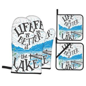 life is better at the lake pier plants mountains oven mitts and pot holders sets of 4，heat resistant kitchen microwave gloves and pot pads with non-slip surface for grilling baking cooking bbq