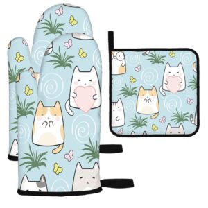 Mxocom Cute Cats Butterfly Oven Mitts and Pot Holders Sets of 3 BBQ Gloves for Kitchen,Cooking,Baking,Grilling Resistant Hot Pads for Women