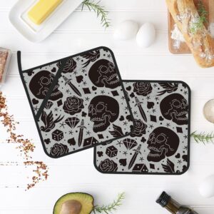 Skull and Rose Pot Holders Set of 2 Kitchen Heat Resistant Potholder for Microwave Cooking Baking Oven End Dishes and BBQ