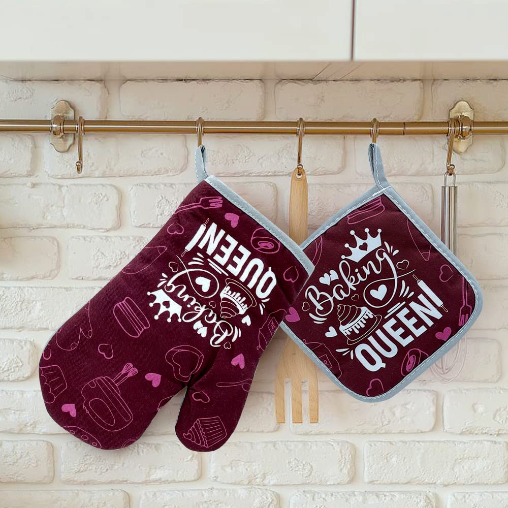 Baking Queen，Oven Mitts and Pot Holders Sets of 2，Queen of The Kitchen,Kitchen Gift for Women，Friend Birthday Gift，Birthday Gifts for Bakers Mom, Wife, Girlfriend, Grandma