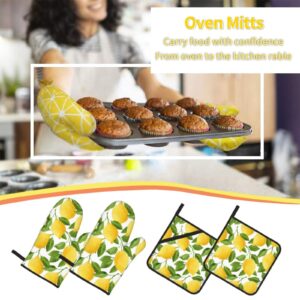 Yellow Lemon Oven Mitts and Pot Holders Set of 4, Oven Mittens and Potholders Heat Resistant Gloves for Kitchen Cooking Baking Grilling BBQ