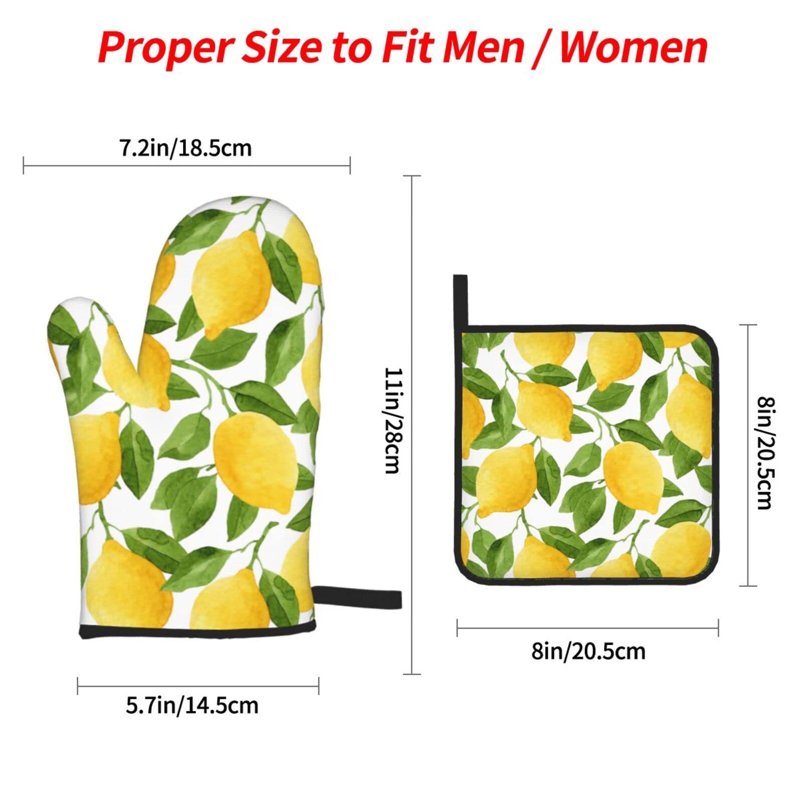 Yellow Lemon Oven Mitts and Pot Holders Set of 4, Oven Mittens and Potholders Heat Resistant Gloves for Kitchen Cooking Baking Grilling BBQ