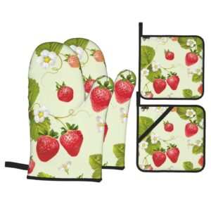 lovely strawberry print oven mitts and pot holders sets,kitchen oven glove high heat resistant 500 degree oven mitts and pot holder,surface safe for baking, cooking, bbq,pack of 4