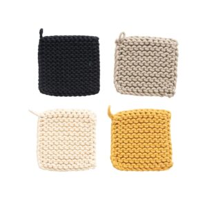 creative co-op cotton crocheted, 4 colors pot holders, 8" l x 8" w x 0" h, multicolor