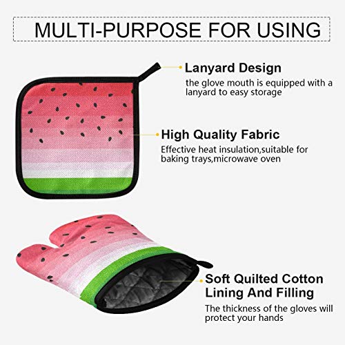 Watermelon Oven Mitts Pot Holders Set Summer Heat Resistant Gloves and PotHolders Pad 2Pcs Kitchen Decor Recycled Microwave Gloves for Baking Cooking