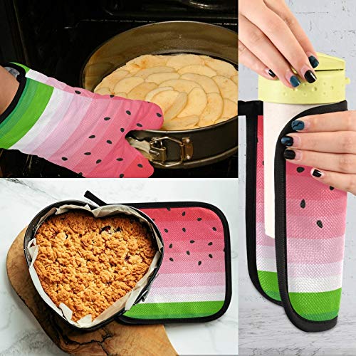Watermelon Oven Mitts Pot Holders Set Summer Heat Resistant Gloves and PotHolders Pad 2Pcs Kitchen Decor Recycled Microwave Gloves for Baking Cooking