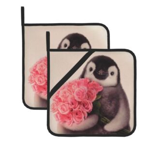 flower penguins pot holders with pocket for kitchen heat resistant oven hot pads potholders for cooking baking grilling microwave