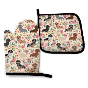 RENGMIAN Floral Dachshund Oven Mitts and Pot Holders Heat Resistant Oven Gloves Safe Cooking Baking Grilling