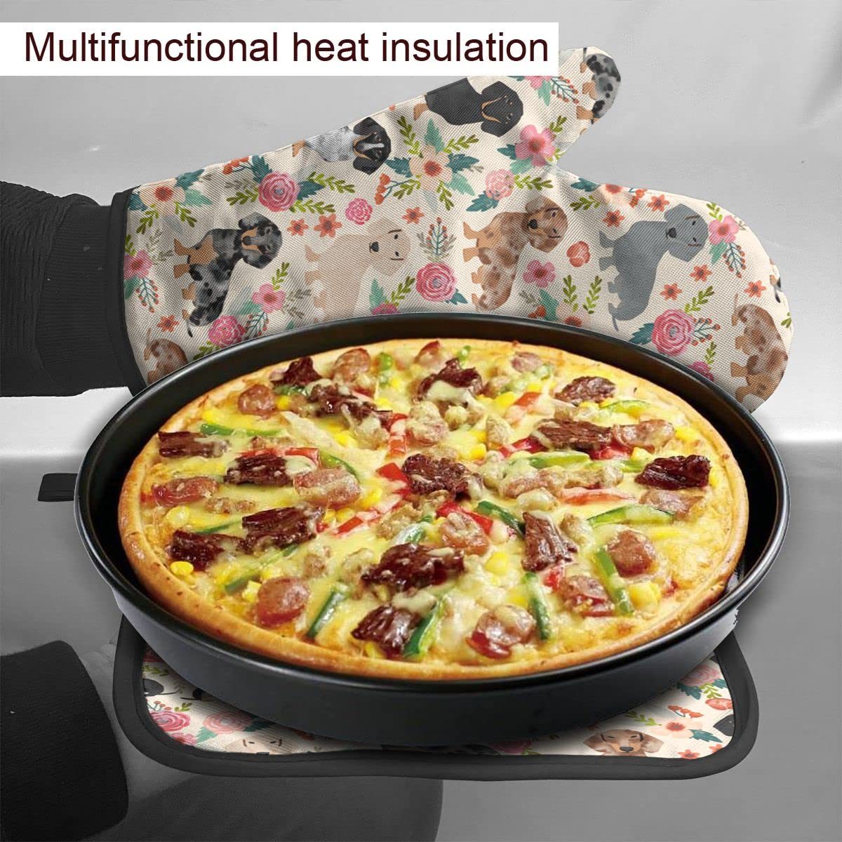 RENGMIAN Floral Dachshund Oven Mitts and Pot Holders Heat Resistant Oven Gloves Safe Cooking Baking Grilling