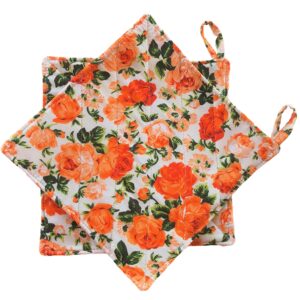 CUSHYSTORE Floral Blossom Garden Flower Pot Holder Oven Pads Potholders for Cooking Kitchen 7.75", 2 Pack (Orange)