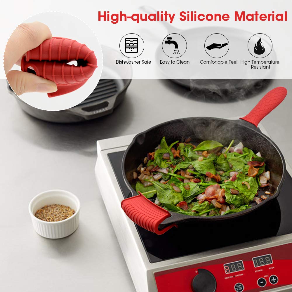 AHIW Silicone Hot Handle Holder Cover Set Assist Pan Handle Sleeve Pot Holders Cast Iron Skillets Handles Grip Covers Non-Slip Heat Resistant for Griddles Metal Frying Pans Aluminum Cookware (L, Red)