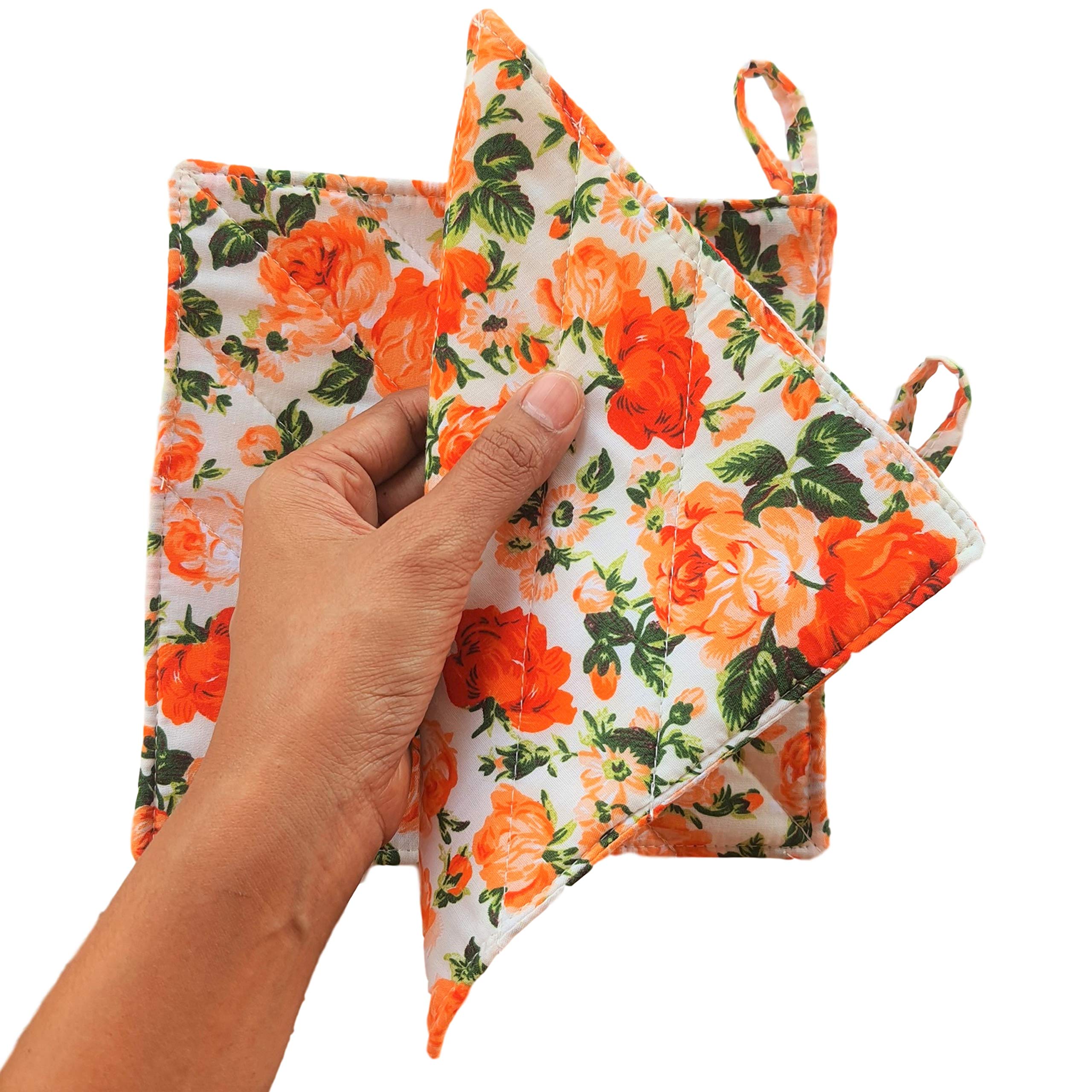 CUSHYSTORE Floral Blossom Garden Flower Pot Holder Oven Pads Potholders for Cooking Kitchen 7.75", 2 Pack (Orange)