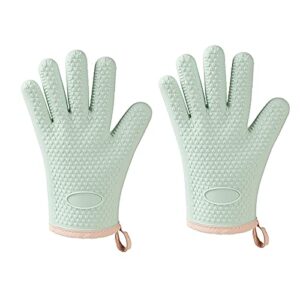 yawcas heat resistant silicone oven mitt,oven gloves with fingers, super grip, food grade, waterproof, for cooking & baking, light green, 2 pack