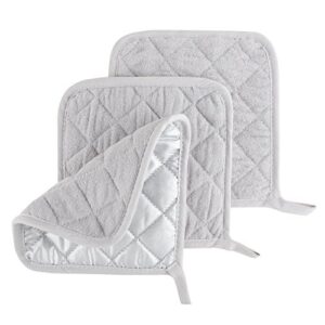 pot holder set, 3 piece set of heat resistant quilted cotton pot holders by lavish home (silver),white