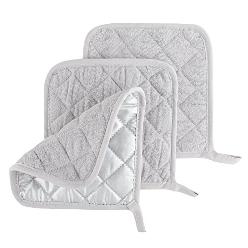 Pot Holder Set, 3 Piece Set of Heat Resistant Quilted Cotton Pot Holders by Lavish Home (Silver),White