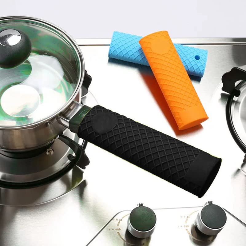MroMax Silicone Hot Handle Holder 6.1 Inch Non Slip Potholder Heat Resistant Pot Handle Sleeve for Cast Iron Pot Woks Frying Pans Griddles Skillets Oven Black 4Pcs