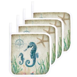 Pot Holder Set of 4 Ocean Seahorse Seaweed Potholder Heat Proof Non-Slip Pot Holders,Retro Nautical Compass Hot Pads Potholders for Kitchen Cooking Baking BBQ