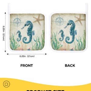 Pot Holder Set of 4 Ocean Seahorse Seaweed Potholder Heat Proof Non-Slip Pot Holders,Retro Nautical Compass Hot Pads Potholders for Kitchen Cooking Baking BBQ