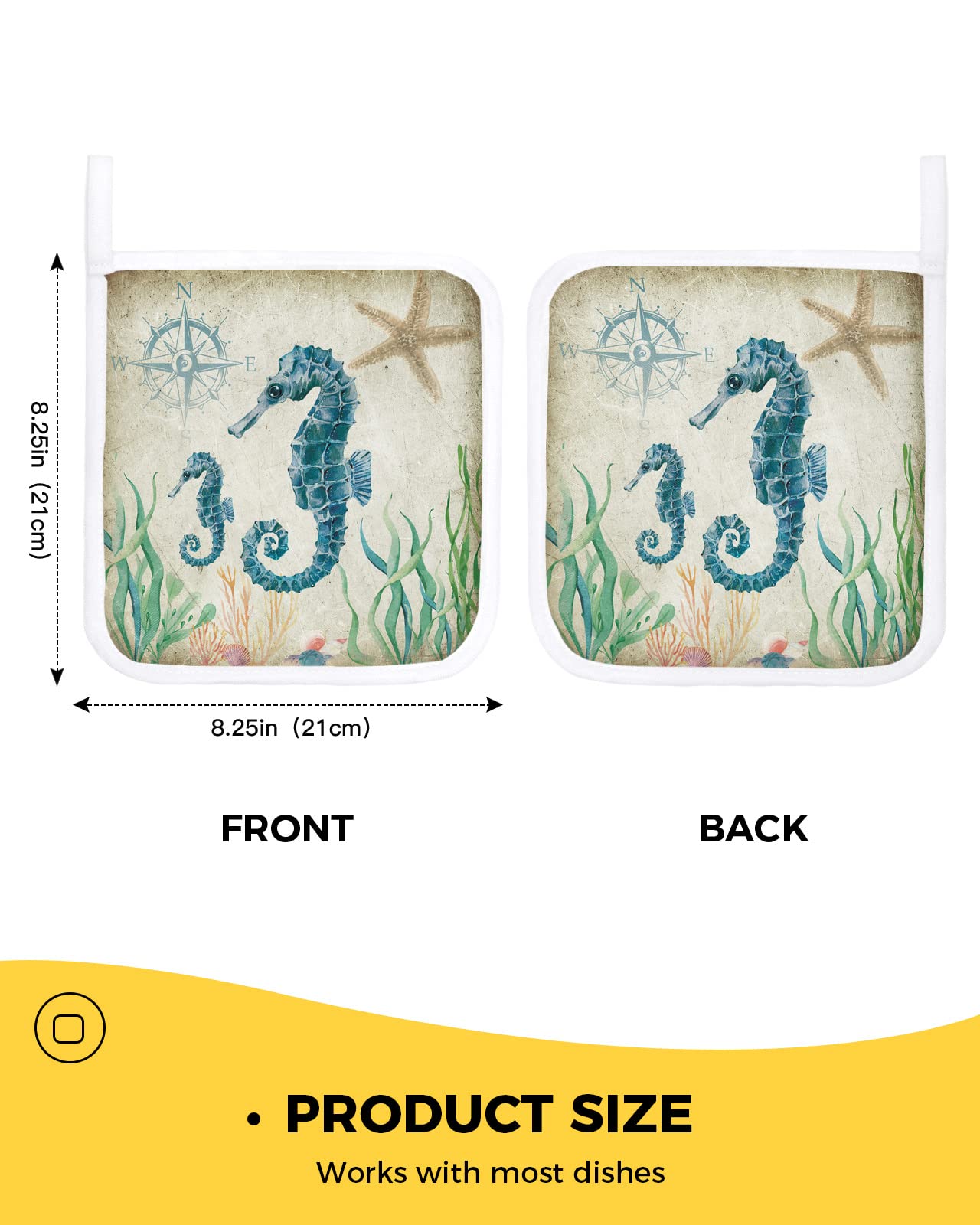 Pot Holder Set of 4 Ocean Seahorse Seaweed Potholder Heat Proof Non-Slip Pot Holders,Retro Nautical Compass Hot Pads Potholders for Kitchen Cooking Baking BBQ