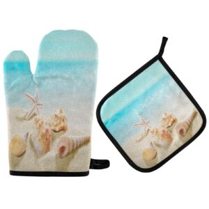 Conch Starfishs Seashells Sand Oven Mitts and Pot Holders Sets Summer Holiday Hot Pads Heat Resistant Cooking Gloves Handling Kitchen Cookware Bakeware BBQ