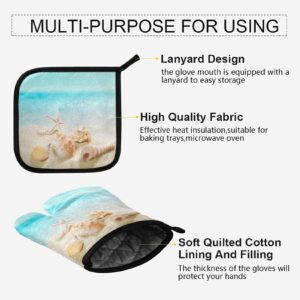 Conch Starfishs Seashells Sand Oven Mitts and Pot Holders Sets Summer Holiday Hot Pads Heat Resistant Cooking Gloves Handling Kitchen Cookware Bakeware BBQ