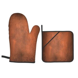 Oven Mitts and Pot Holders Sets of 4 Paint Hammered Abstract Orange Brown Vintage Aged Copper Burnt Dirty Dark Antique Polyester Oven Mitts with Oven Gloves and Hot Pads Potholders for Kitchen BBQ