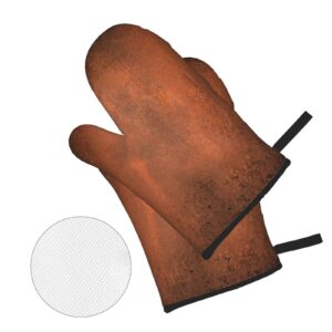 Oven Mitts and Pot Holders Sets of 4 Paint Hammered Abstract Orange Brown Vintage Aged Copper Burnt Dirty Dark Antique Polyester Oven Mitts with Oven Gloves and Hot Pads Potholders for Kitchen BBQ