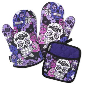 oven mitts co. sugar skull purple, oven mitts and pot holder 3pcs set, insulated, 100% cotton