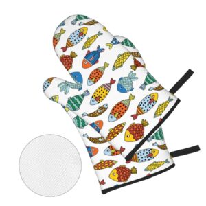 Colorful Fish Oven Mitts and Pot Holders Set of 4, Oven Mittens and Potholders Heat Resistant Gloves for Kitchen Cooking Baking Grilling BBQ