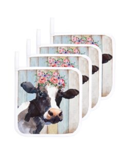 pot holder set of 4 farm animal cute cow with flower wreath potholder heat proof non-slip pot holders,farmhouse vintage wooden board hot pads potholders for kitchen cooking baking bbq