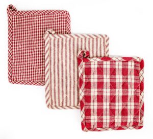 high end home 3 piece pot holder set - hot pads for kitchen 7 x 8.5 inch burgundy red