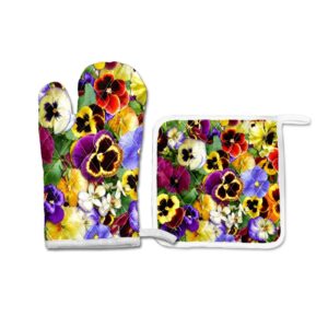 oven mitts and pot holders set,oven glove cooking mitts hot pad,flower pansies heat resistant kitchen cooking mitts gift for baking grilling