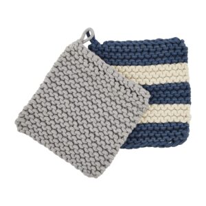 mud pie crochet pot holder set, blue and gray, 8" x 8"