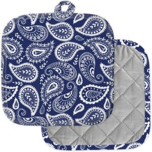 [pack of 2] pot holders for kitchen, washable heat resistant pot holders, hot pads, trivet for cooking and baking ( paisley blue white )