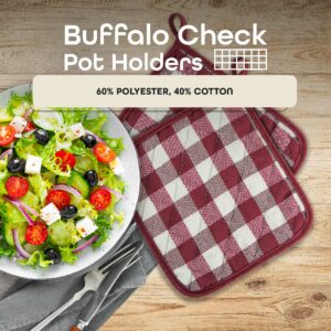 Buffalo Check Pot Holders, 2 Pack, Burgundy - 8" x 18" - Quilted Trivet Pot Holders are Heat Resistant, Machine Washable & Stain Repellant - Non-Slip for Pots & Pans by Achim Home Decor