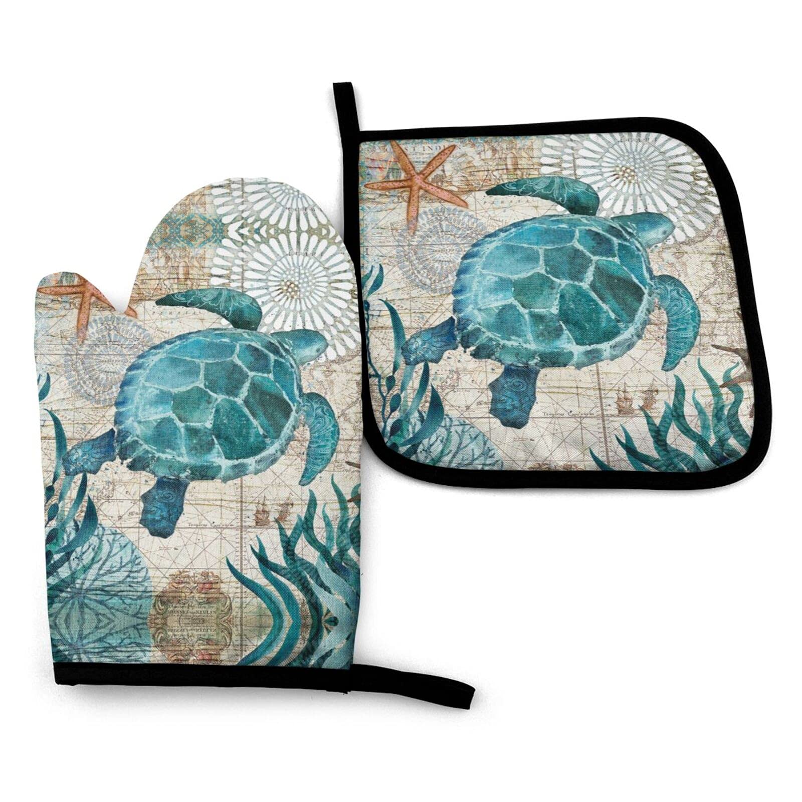 Marine Life Theme Sea Turtle Oven Mitts and Pot Holders Sets,Heat Resistant Non Slip Kitchen Gloves Hot Pads with Inner Cotton Layer Oven Gloves for Cooking BBQ Baking Grilling