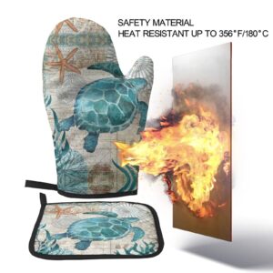 Marine Life Theme Sea Turtle Oven Mitts and Pot Holders Sets,Heat Resistant Non Slip Kitchen Gloves Hot Pads with Inner Cotton Layer Oven Gloves for Cooking BBQ Baking Grilling