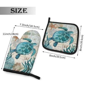 Marine Life Theme Sea Turtle Oven Mitts and Pot Holders Sets,Heat Resistant Non Slip Kitchen Gloves Hot Pads with Inner Cotton Layer Oven Gloves for Cooking BBQ Baking Grilling