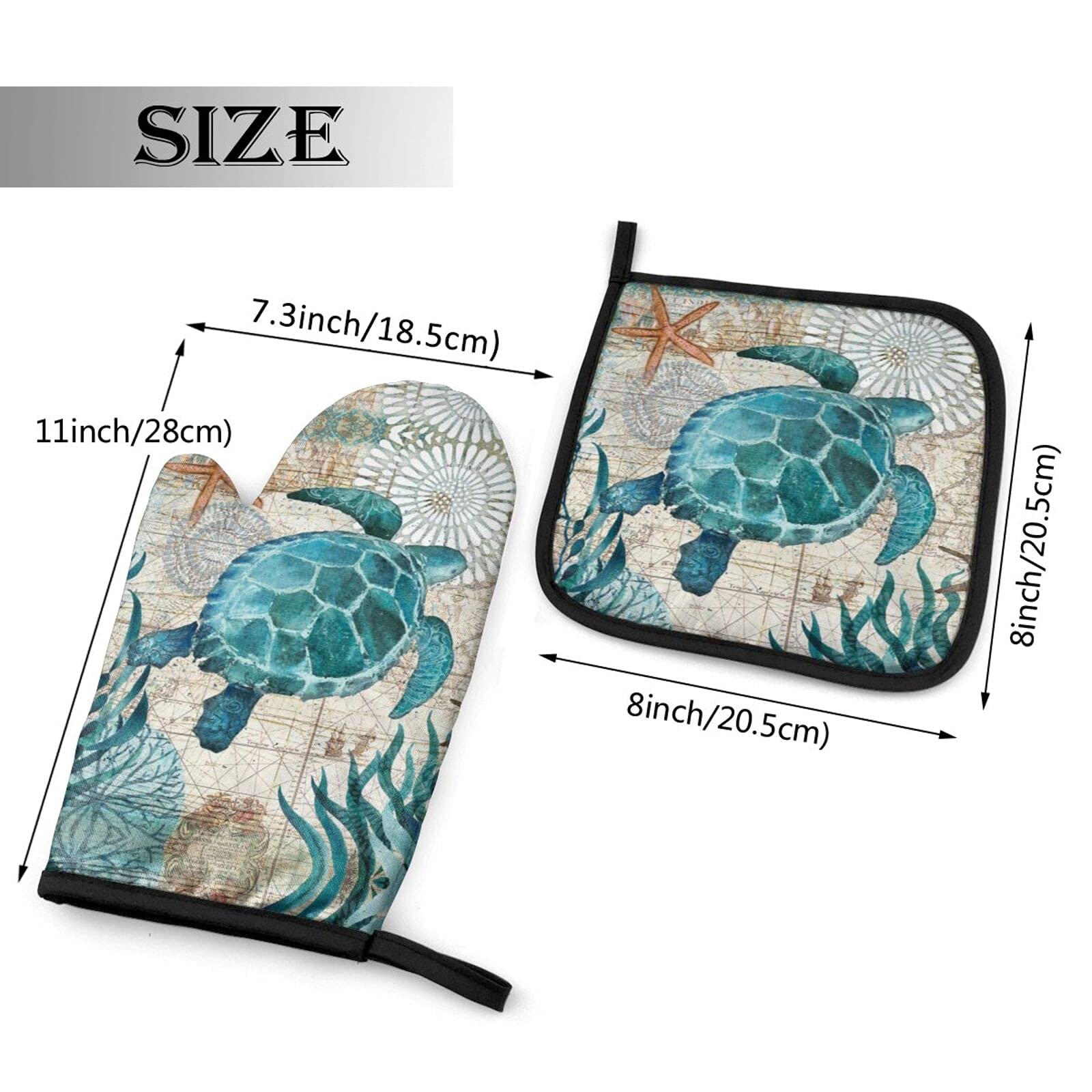 Marine Life Theme Sea Turtle Oven Mitts and Pot Holders Sets,Heat Resistant Non Slip Kitchen Gloves Hot Pads with Inner Cotton Layer Oven Gloves for Cooking BBQ Baking Grilling