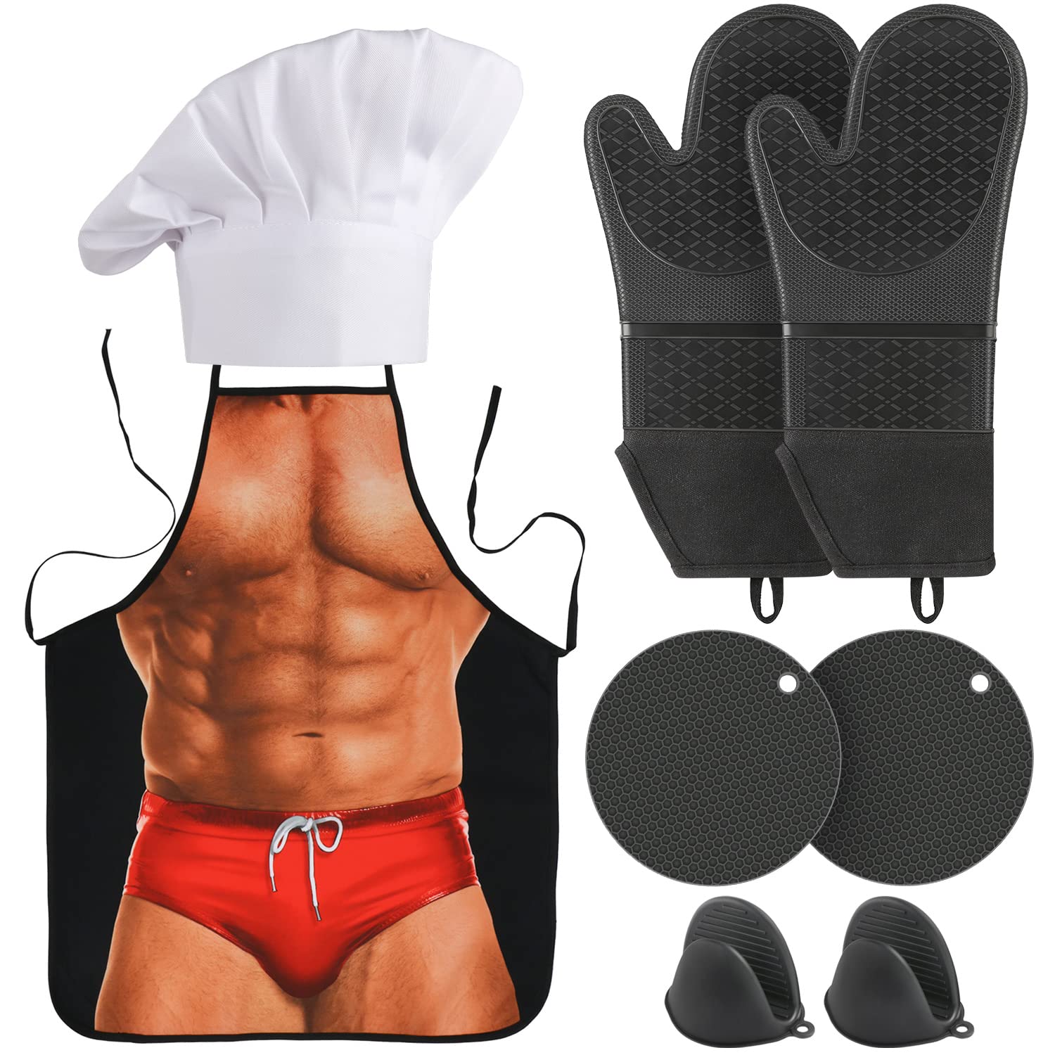 Landisun Apron Oven Mitts Non Slip Gloves Kitchen Chef Cooking Gag Gift Baking