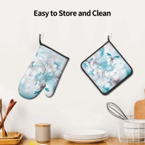 Butterfly Oven Mitts and Pot Holders Sets, Teal Oven Gloves Hot Pads Kitchen Heat Resistant Potholders for Cooking Baking Grilling BBQ