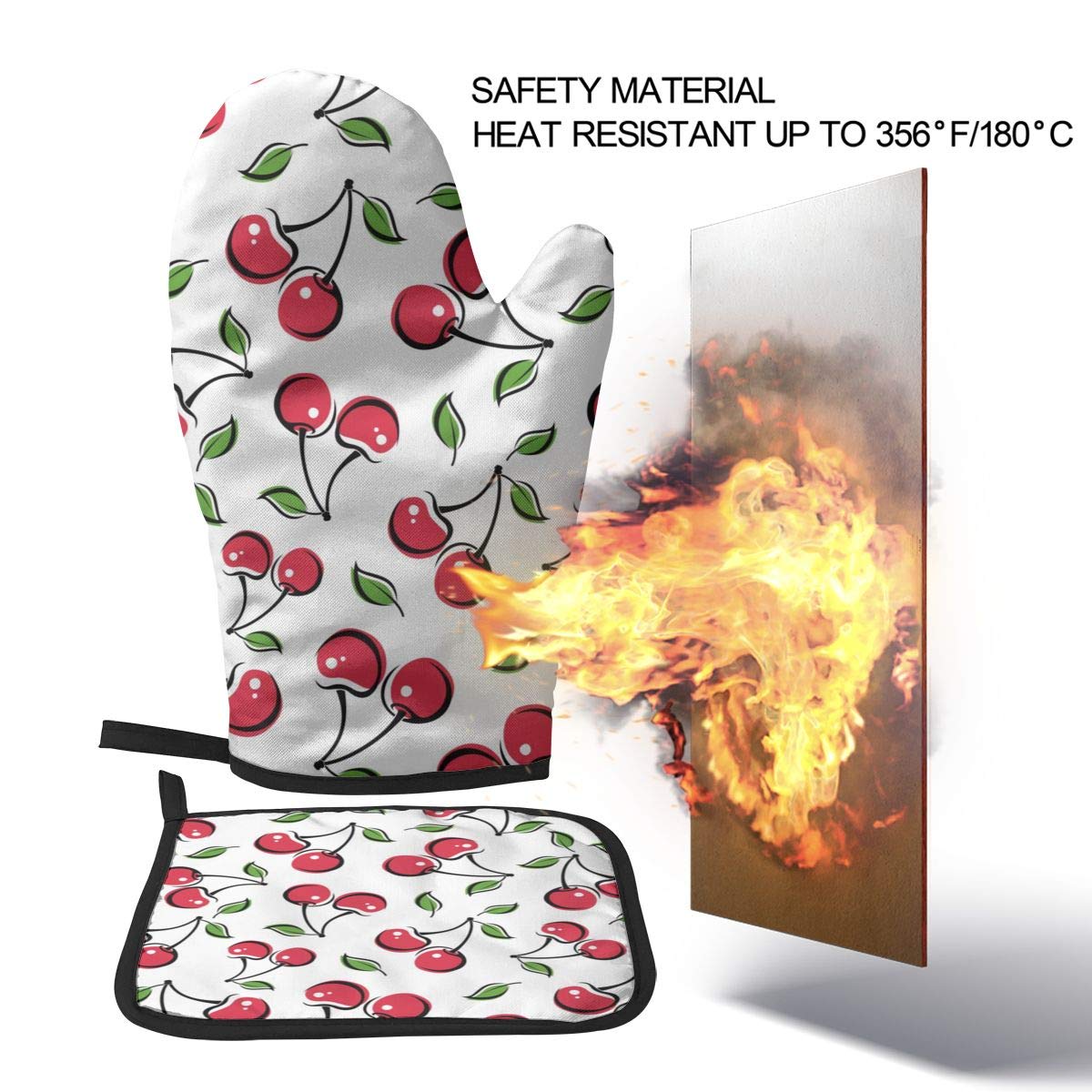 VunKo Red Cherry Oven Mitts and Pot Holders Sets Heat Resistant Oven Gloves with Non-Slip Surface for Safe BBQ Cooking Baking Grilling Set of 2